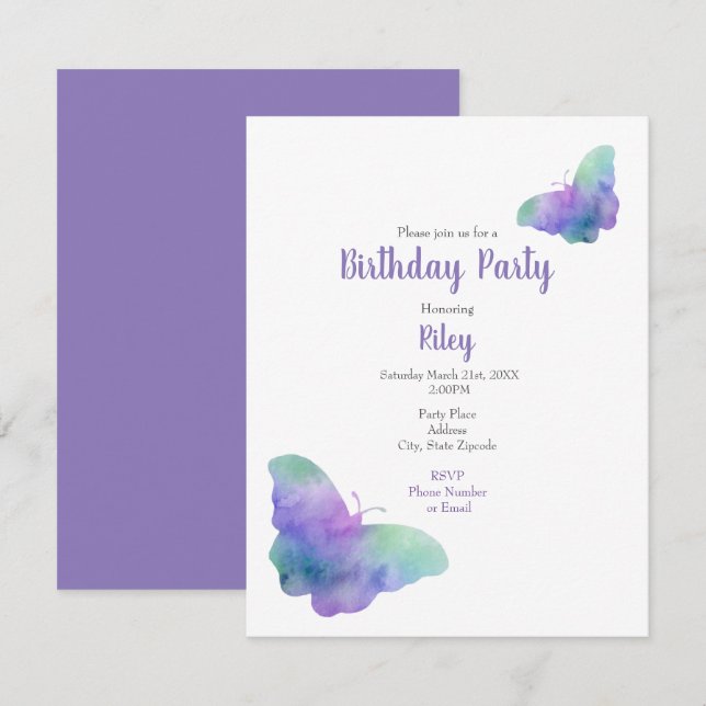 Invitación Mariposas color azul turquesa violeta (Anverso / Reverso)
