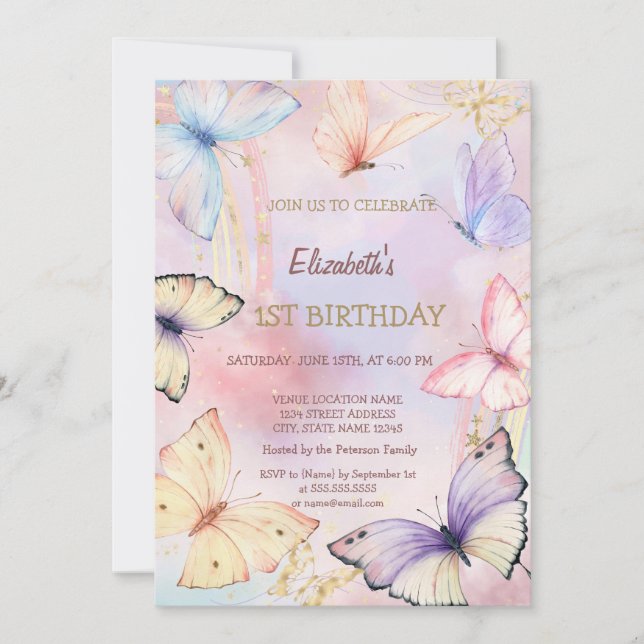 Invitación Mariposas coloreadas de color acuático cumpleaños  (Anverso)