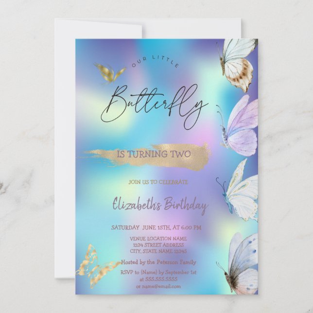 Invitación Mariposas coloridas Cumpleaños Holográfico (Anverso)