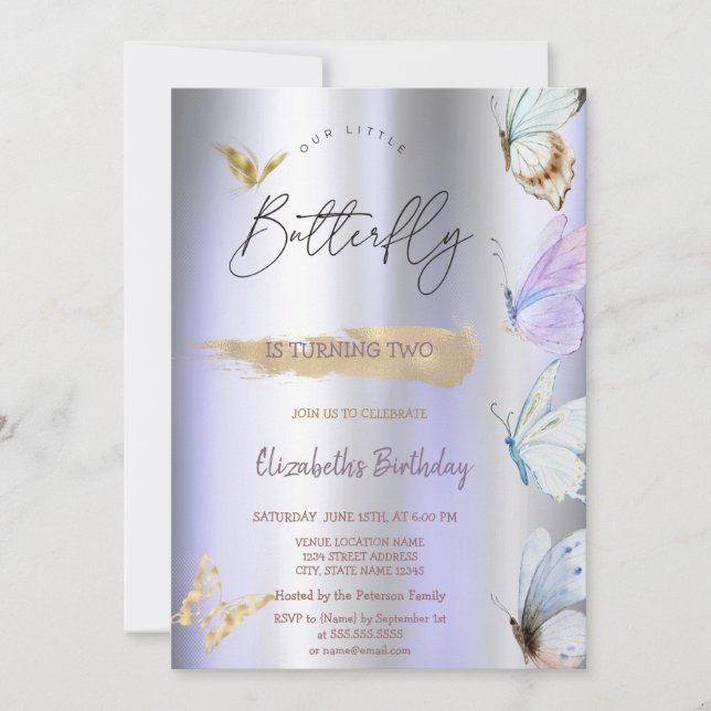 Invitación Mariposas Coloridas Cumpleaños Metálico Violeta (Anverso)
