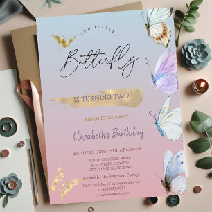 Invitación Mariposas Coloridas Doradas Ombre Cumpleaños