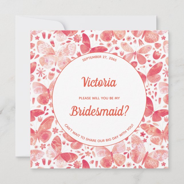 Invitación Mariposas Coral Pink Be my Bridesmaid (Anverso)