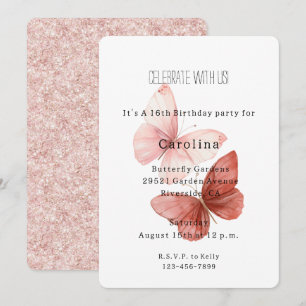 Invitación Mariposas Cumpleaños Brillo Rosa Rojo