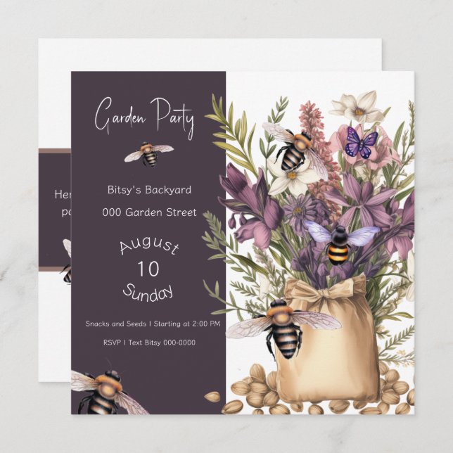 Invitación Mariposas de abejas divertidas y semillas de flore (Anverso / Reverso)