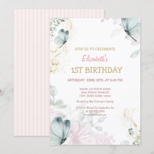 Invitación Mariposas de Acuarela Azul Raya Rosa Cumpleaños  