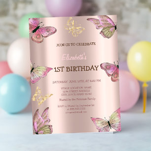 Invitación Mariposas de acuarela doradas Cumpleaños Rosa Dora