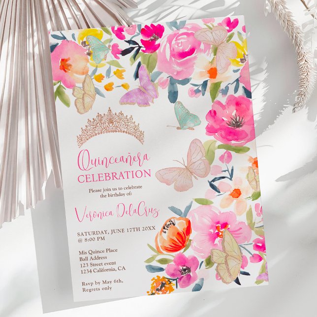 Invitación Mariposas de acuarela floral de Boho quinceanera (Boho floral watercolor butterflies quinceanera invitation)