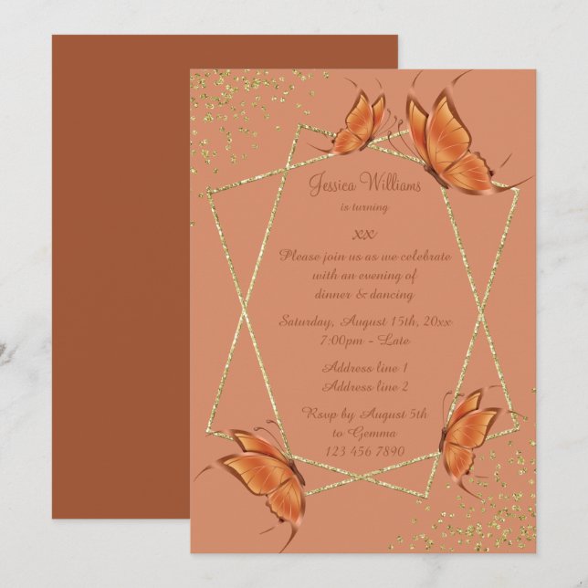 Invitación Mariposas de bronce, cumpleaños de Purpurina y con (Anverso / Reverso)