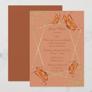 Invitación Mariposas de bronce, cumpleaños de Purpurina y con