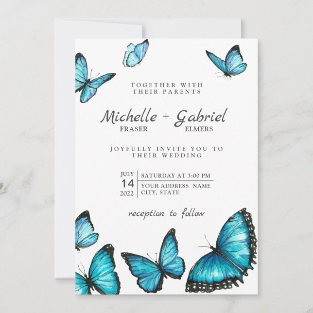 Invitación Mariposas de color azul estilizado Boda moderno (Anverso)