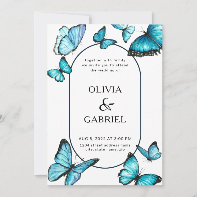 Invitación Mariposas de color azul romántico. Airy Boda (Anverso)