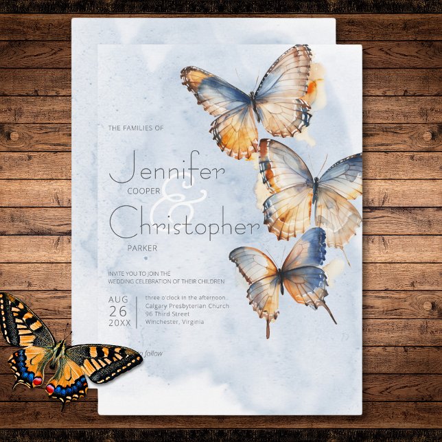 Invitación Mariposas de color azul y rojizo moderno Boda (Modern Blue & Rust Watercolor Butterflies Wedding Invitation)
