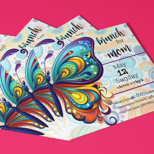 Invitación Mariposas de colores | Brunch para mamá (Bright & bold butterflies on a customizable Mother's Day Brunch invitation. Rainbow themed. )