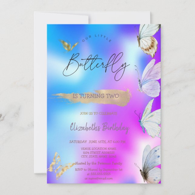Invitación Mariposas de colores Cumpleaños Holográfico Guay (Anverso)