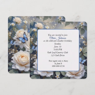 Invitación Mariposas de cumpleaños en rosas blancas y margari