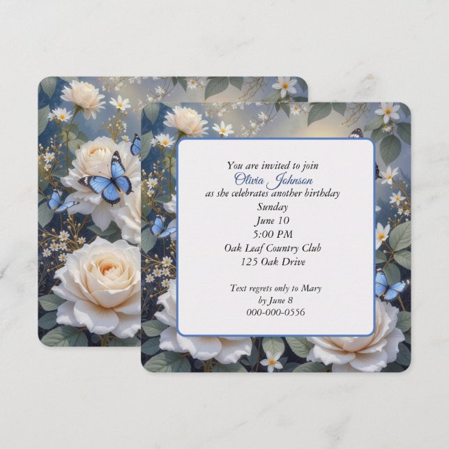 Invitación Mariposas de cumpleaños en rosas blancas y margari (Anverso / Reverso)