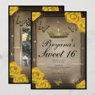 Invitación Mariposas de Diadema Rosas Amarillas Dulces 16