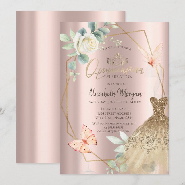 Invitación Mariposas de flor de marco Vestido Rosa de oro (Anverso / Reverso)
