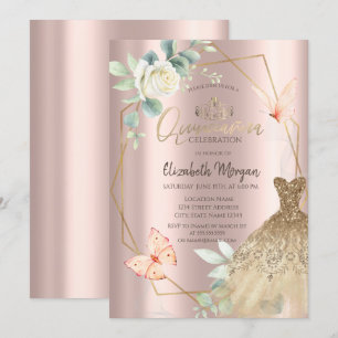 Invitación Mariposas de flor de marco Vestido Rosa de oro