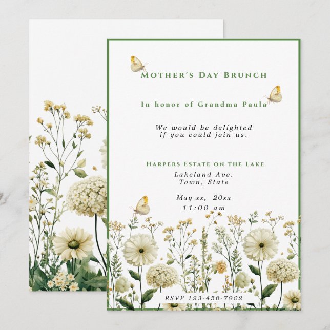 Invitación Mariposas de flores blancas de brunch del día de l (Anverso / Reverso)