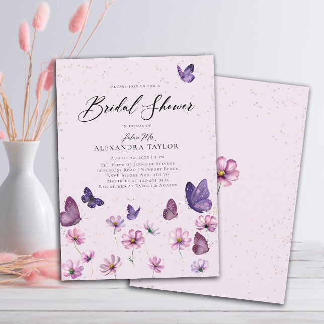 Invitación Mariposas de flores silvestres Ducha de novia en P (Wildflowers Butterflies Purple Garden Bridal Shower invitation elegant boho rustic romantic elegant)