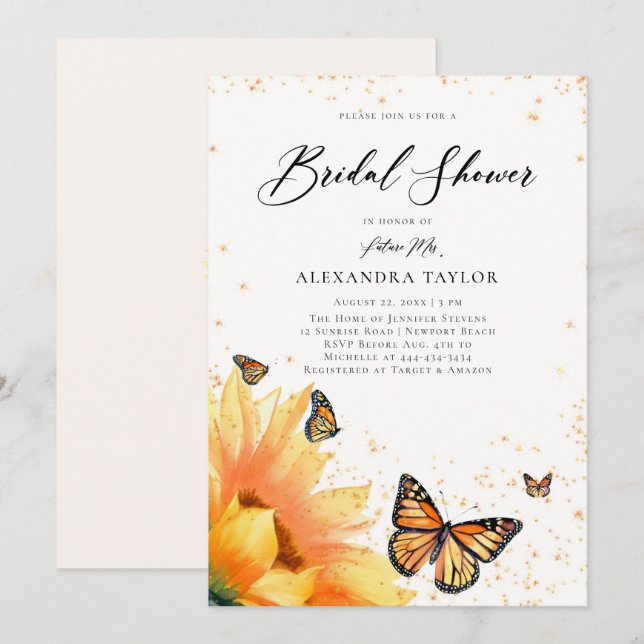 Invitación Mariposas de girasol ducha de novia rusa de oro (Anverso / Reverso)