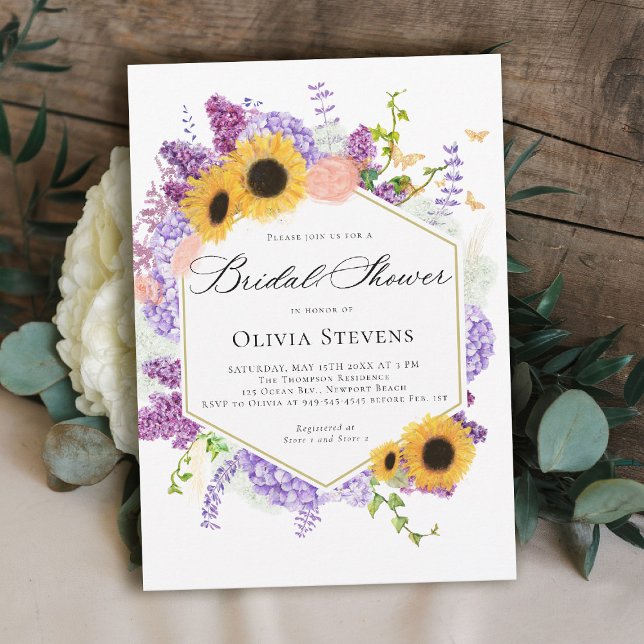 Invitación Mariposas de Girasol Hexágono Lila Despedida de So (rustic bridal shower invitation sunflower lilac butterflies boho romantic elegant hexagon)