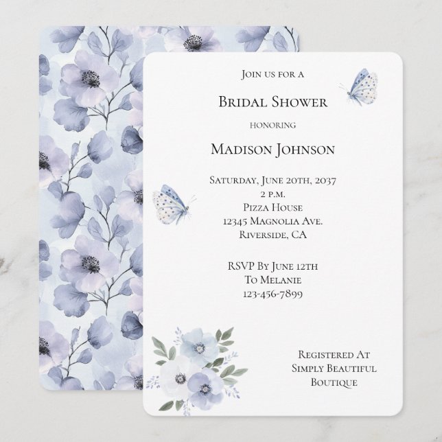 Invitación Mariposas de lavado morado Ducha de novia floral (Anverso / Reverso)