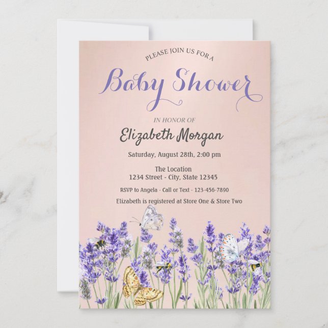 Invitación Mariposas de Lavanda Botánico Rosa Baby Shower (Anverso)