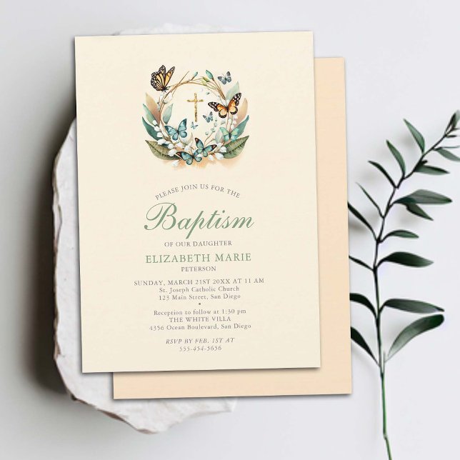 Invitación Mariposas de Lily Valley cruzan el bautismo Chica  (butterfly baptism invitation lily valley elegant formal modern classic whimsical magical floral gold)