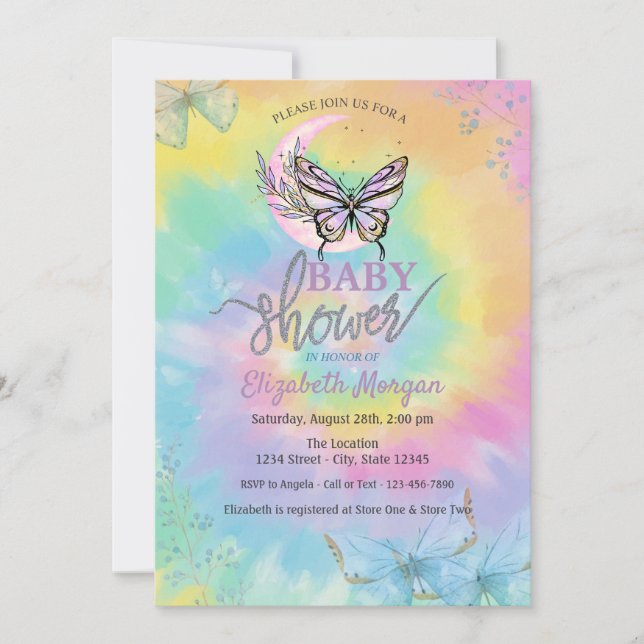 Invitación Mariposas de Luna Tie Dye Baby Shower  (Anverso)