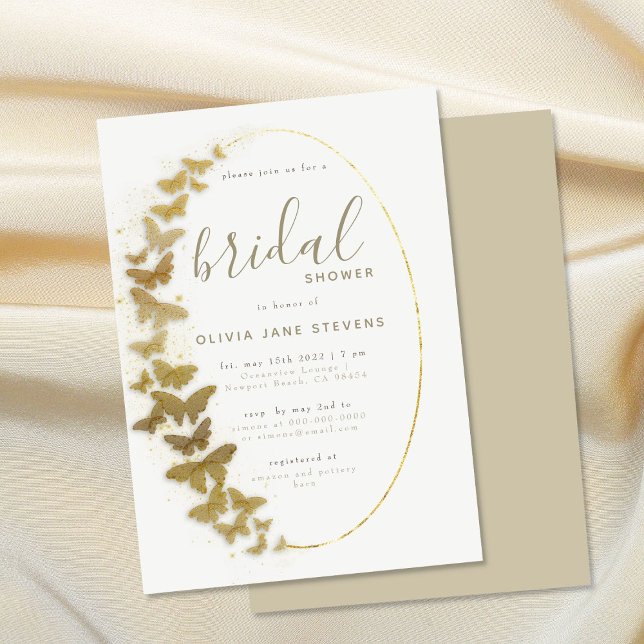 Invitación Mariposas de oro Elegante Marco Boho Ducha de novi (gold butterflies bridal shower invitation bohemian romantic frame elegant boho modern simple trendy)