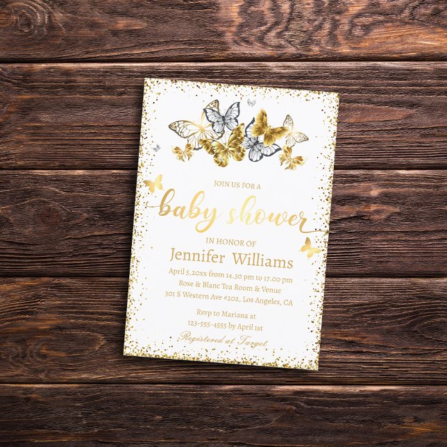 Invitación mariposas de oro elegantes ducha de bebé purpurina (Subido por el creador)
