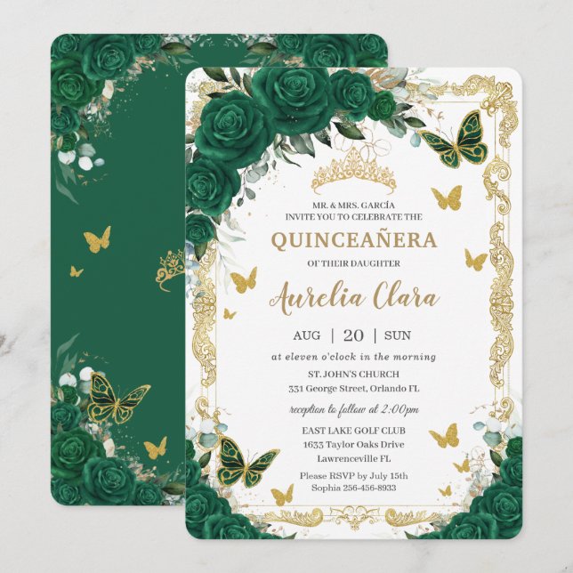 Invitación Mariposas de oro floral verde esmeralda de Quincea (Anverso / Reverso)