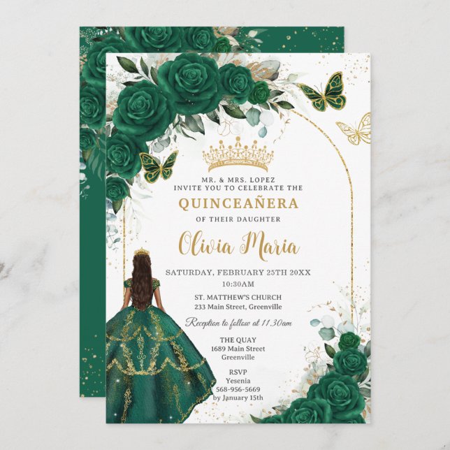 Invitación Mariposas de oro floral verde esmeralda de Quincea (Anverso / Reverso)