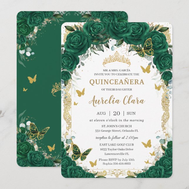 Invitación Mariposas de oro floral verde esmeralda de Quincea (Anverso / Reverso)