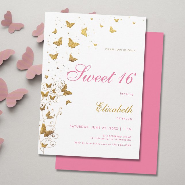 Invitación Mariposas de oro Jardín Elegante Chica Rosa Dulce  (elegant sweet 16 girls birthday party invitation gold butterflies garden classy stylish boho chic)