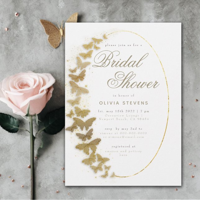 Invitación Mariposas de oro Marco Boho Ducha Bridal Elegante (gold butterflies boho frame elegant classic calligraphy bridal shower invitation modern romantic)