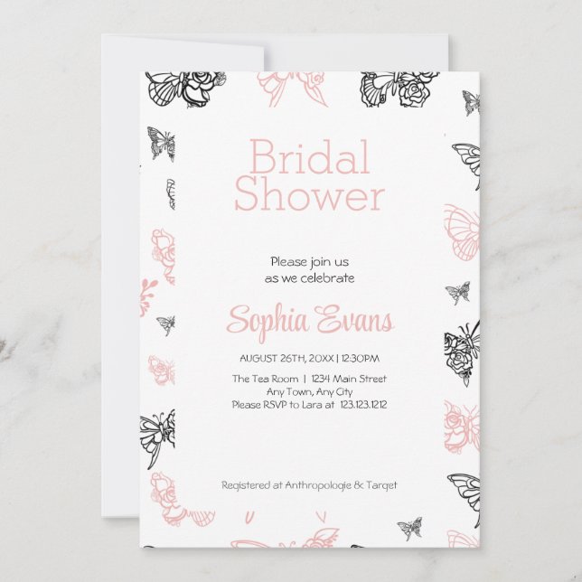 Invitación Mariposas de oro negras y Rosas ducha de novia bla (Anverso)