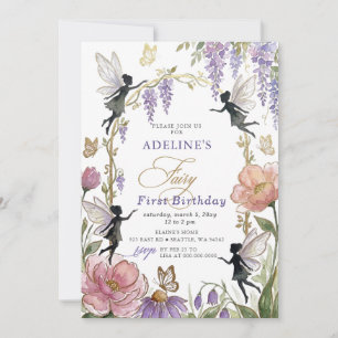 Invitación Mariposas De Oro Purpura Hadas Cumpleaños Primero
