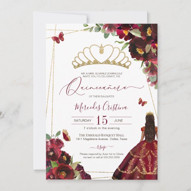 Invitación Mariposas de oro Rojo de Borgoña Quince cumpleaños (Anverso)