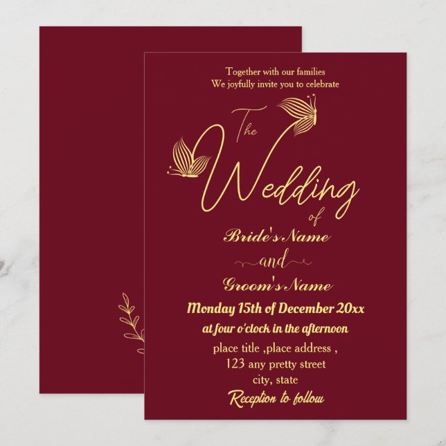 Invitación Mariposas de oro románticas y elegantes (Anverso / Reverso)