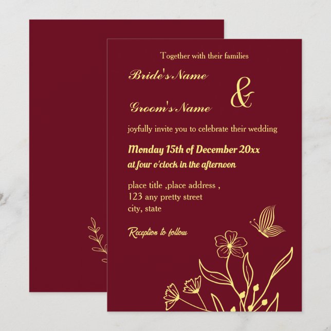 Invitación Mariposas de oro románticas y elegantes (Anverso / Reverso)