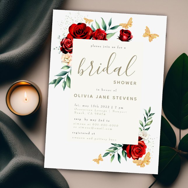 Invitación Mariposas de Oro Roses Rojas Elegante Ducha Bridal (Subido por el creador)