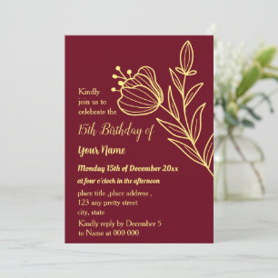 Invitación Mariposas de oro sencillas cumpleaños burgundo