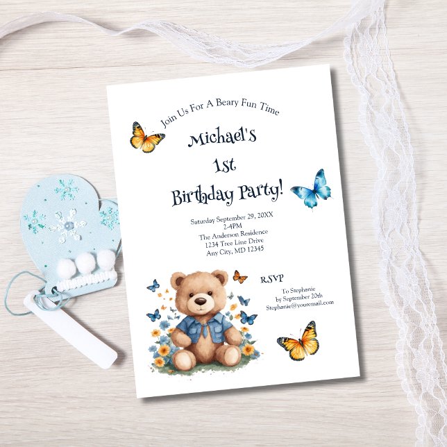 Invitación Mariposas de Osito Teddy Niño de 1 año Cumpleaños (Teddy Bear Butterflies 1st Birthday Invitation Baby Boy Printed or Instant digital download )