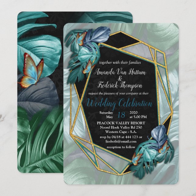 Invitación Mariposas de paraídas/salpicaduras de turquesa tro (Anverso / Reverso)