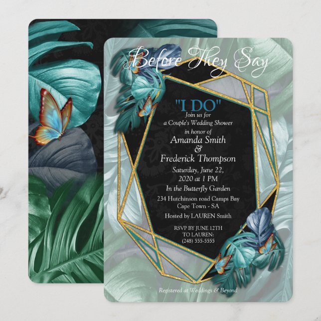 Invitación Mariposas de paraídas/salpicaduras de turquesa tro (Anverso / Reverso)