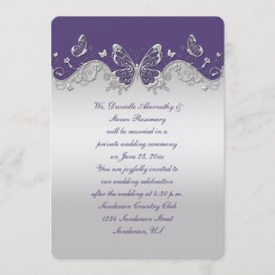 Invitación Mariposas de Plata Morado Polvoriento Solo Recepci