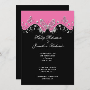 Invitación Mariposas de plata y negro rosa después de la boda